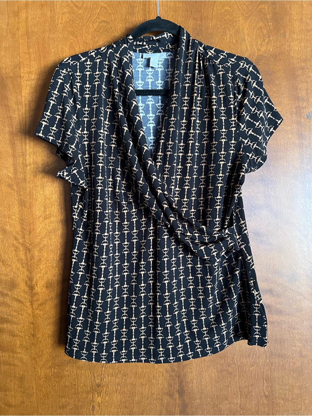 Charter Club Black Wrap-Style Blouse with Beige Chain-Link Print